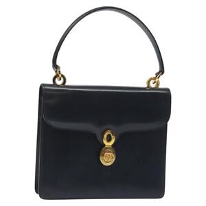GUCCI Hand Bag Leather Navy Gold